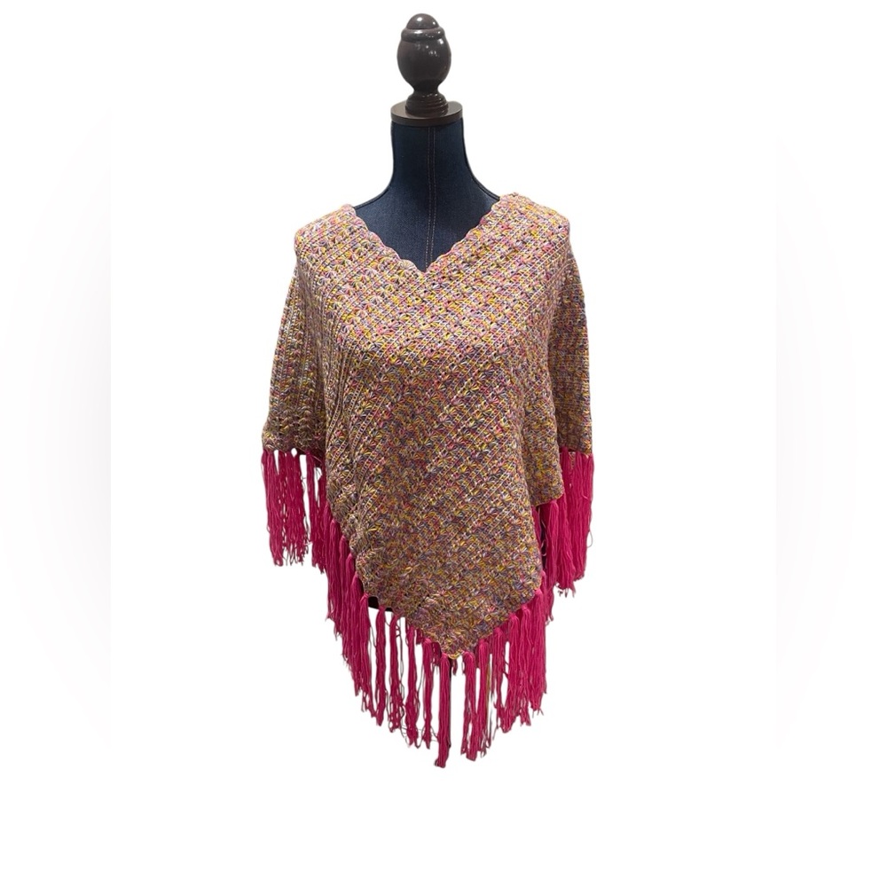 One Size Handmade Pink Purple Yellow Fringed Crochet Poncho